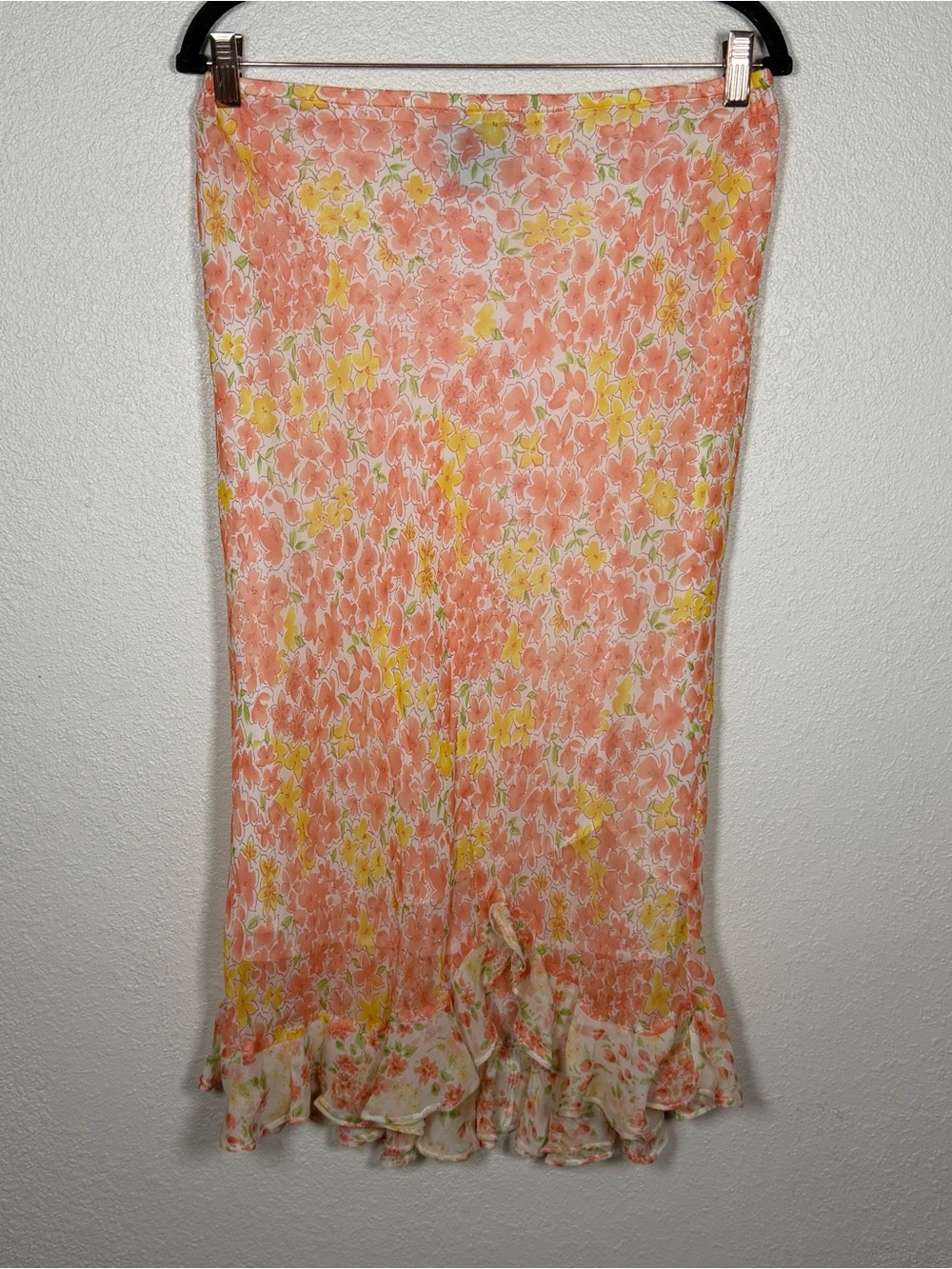 Vintage 2000s Women’s L Floral Silk Midi Skirt Lined Ruffle Y2K Fairycore Boho